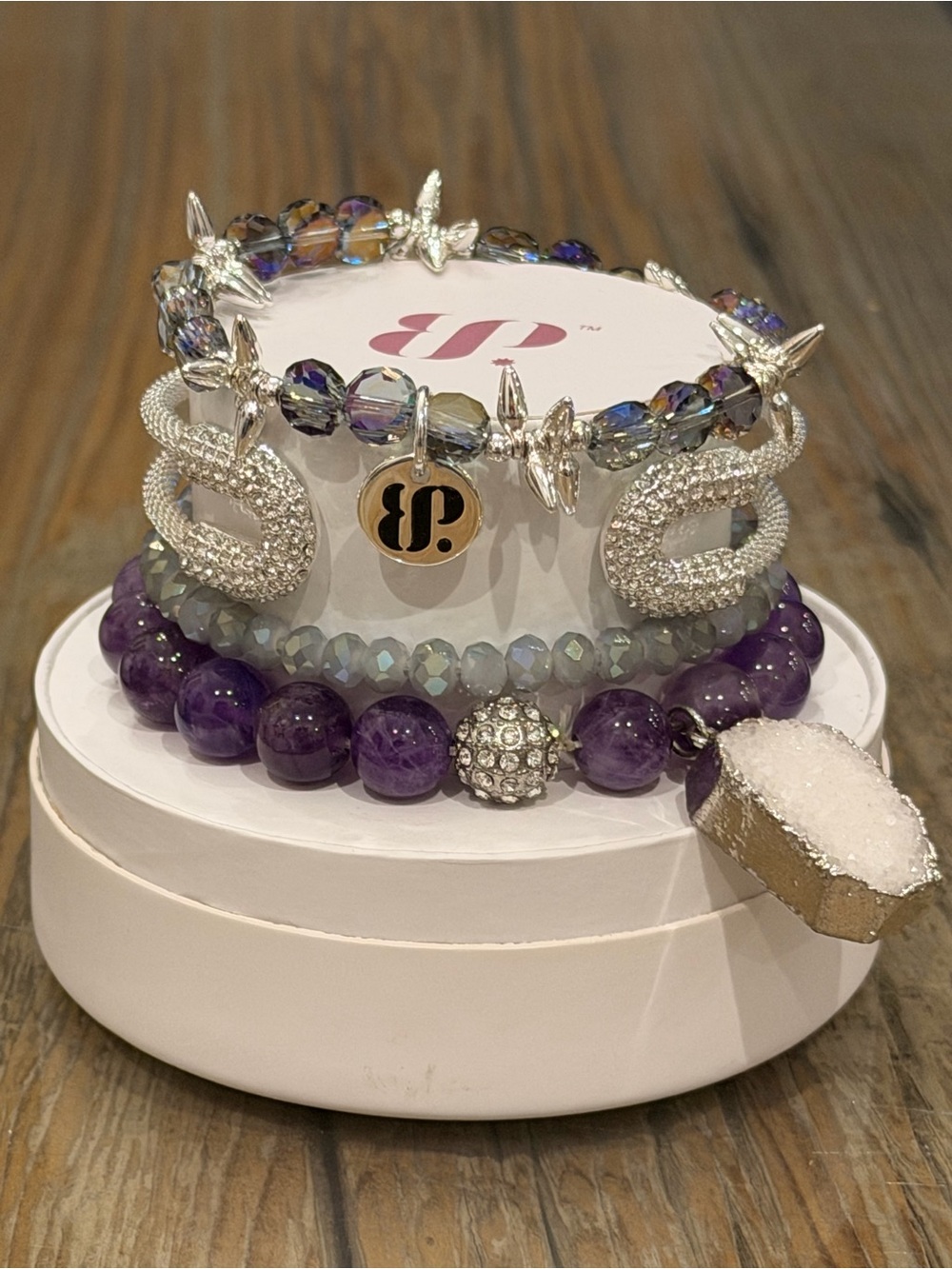 Bomb Party Bracelets New! Personally Curated Stack on Silver w/ Purple and Gray